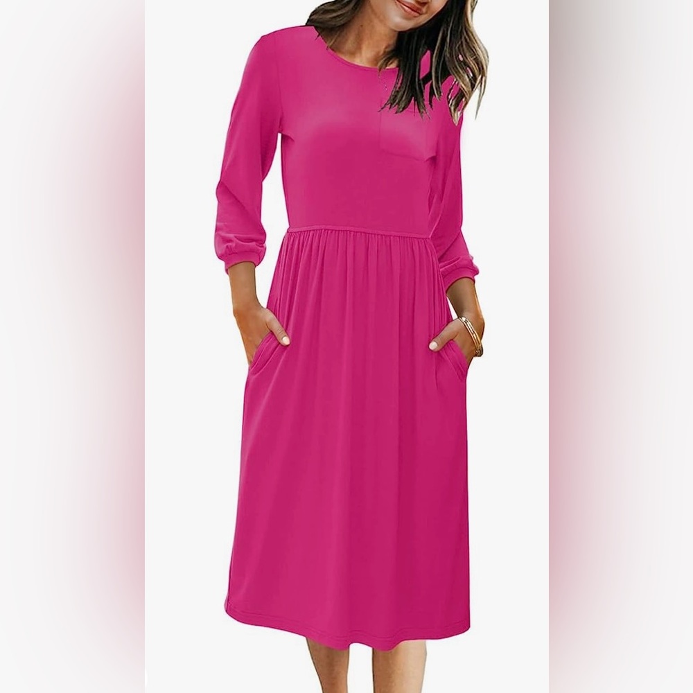 It Has Pockets!! Hot Pink Midi Dress